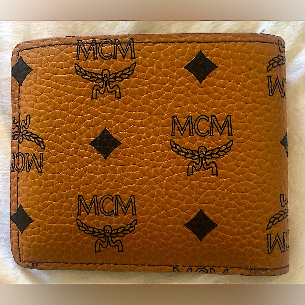 Authentic Visetos Leather Men’s MCM Bi-Fold Wallet; Monogram Print, Brown/Cognac